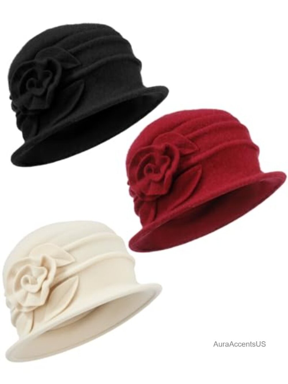 Wool Fleece Cloche Bucket Beret Hat Set French 3D Floral Winter Cap
